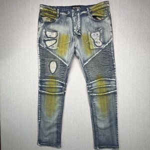 Balmain Distressed Ribbed Panels Slim Fit Blue Denim Biker Jeans Men Size 40